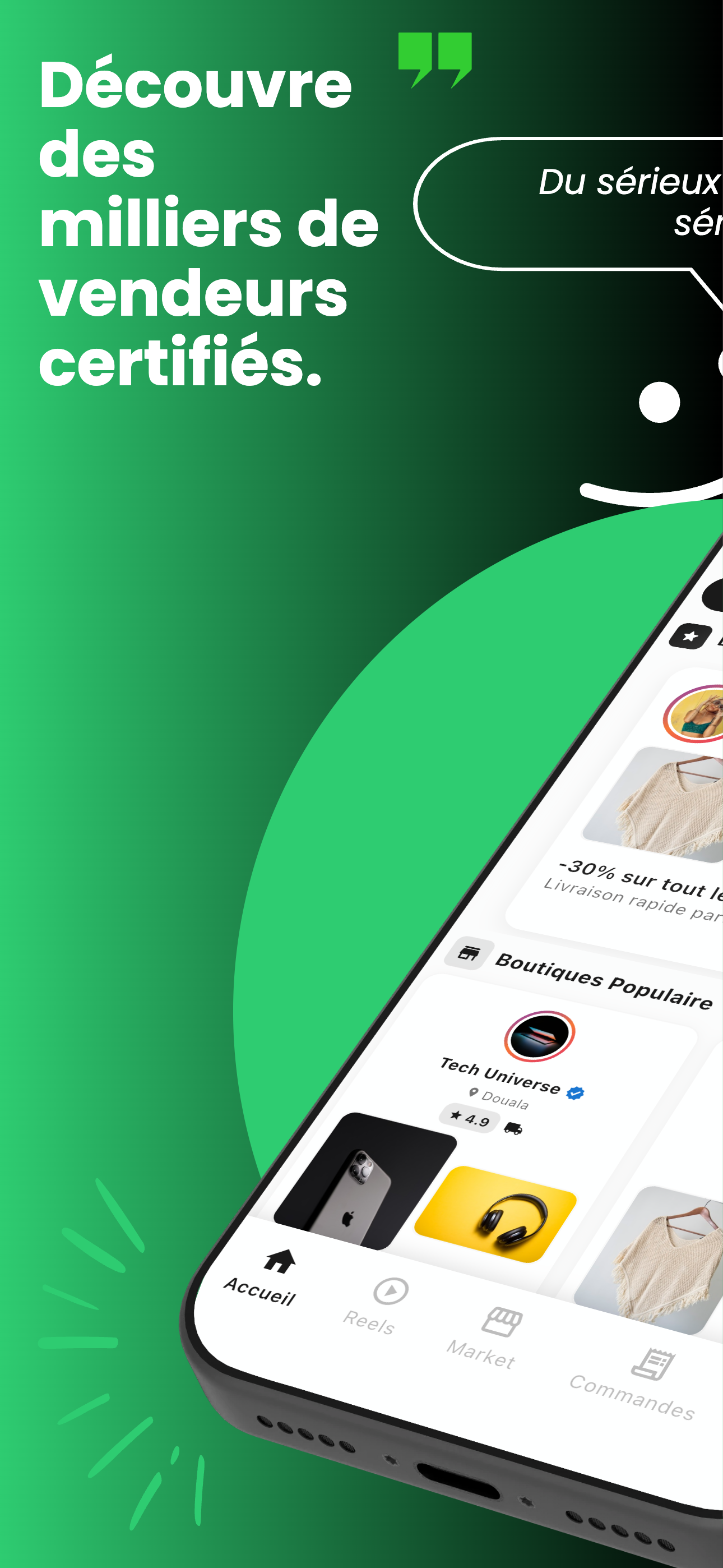 Aperçu de l'app Nevo Market — écran de découverte